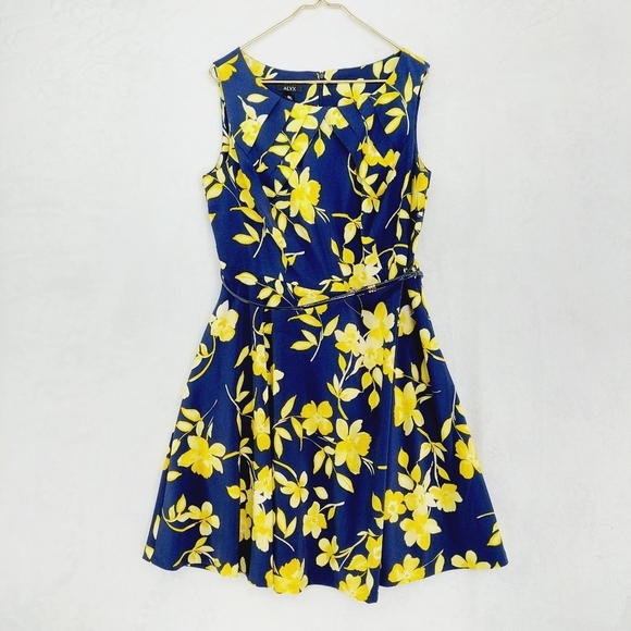 Alyx Yellow & Blue Floral Sleeveless Boat Neck Flared Mini Dress 2972 - Picture 1 of 9
